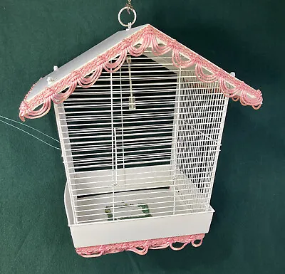 Vintage 15x15x14.5” Metal Pagoda Mid-Century White Bird Cage With Pink Fringe • $20