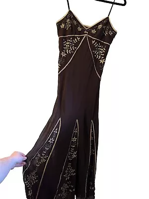 Vtg Y2K BCBG Max Azria Brown Floral Beaded Sequin 100% Silk Light Maxi Dress 6 • $125