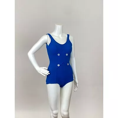 Vintage 1950s One Piece Bright Blue Knit Cotton Bathing Suit Sailor Buttons • $65