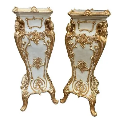 Italian Baroque Style  Columns/Pedestals In White And Gold: A Magnificent Pair • $1750