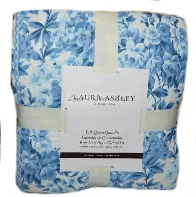 LAURA ASHLEY Brighton Gingham Floral Blue FULL/ QUEEN QUILT SET 3P COTTON SHAMS • $149.99