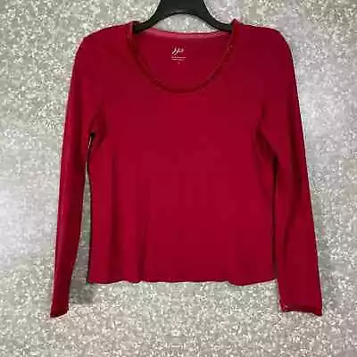 J Jill Red Velvet Trimmed Tee Long Sleeve T-Shirt - Size Small - Scoop Neck Top • £17.34