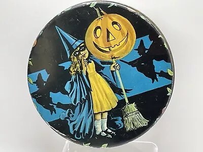 1930’s Vintage Tindeco 6” Halloween Candy Tin Jack-O-Lantern WITCH Girl Broom • $58.88