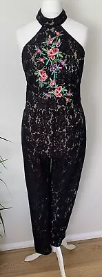 Misguided Black Lace Effect Halter Neck Jumpsuit With Embroidered Front Size 10 • £7