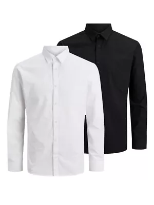 Mens JACK & JONES 2 Pack Long Sleeve Regular Fit Shirts Black/White UK L • £14.99