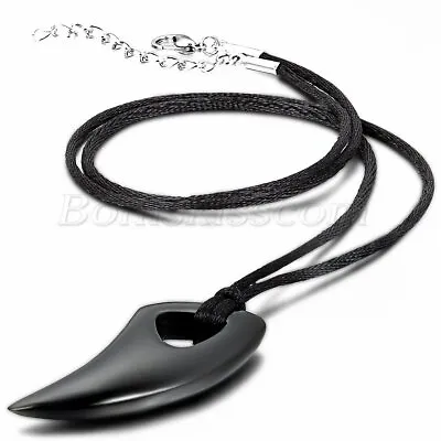 Men's Black Stainless Steel Wolf Tooth Charm Pendant Necklace Cord Birthday Gift • $8.99