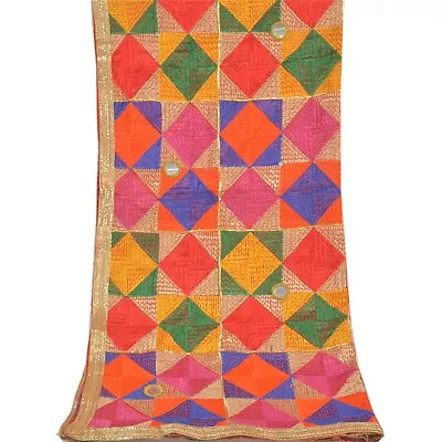 Sanskriti Vintage Dupatta 100% Pure Silk Embroidered Bagh Phulkari Ooak Stole • $95