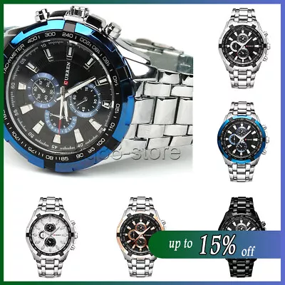 CURREN Mens Watch Army Military Chronograph Date Sport Leather Quartz Wristwatch • £8.44