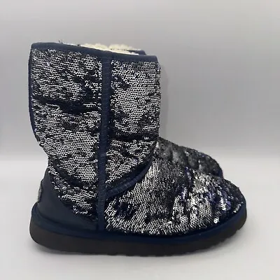 EUC Ugg Classic Short Boots Blue Silver Sequins Sparkle Women's Size 7 • $29.95