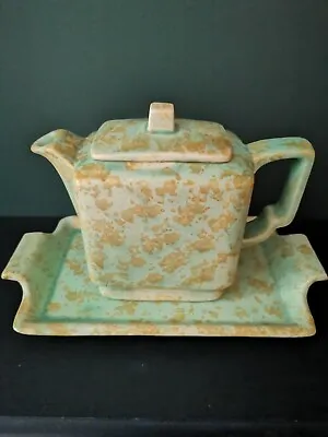 KENSINGTON WARE POTTERY ART DECO SQUARE TEAPOT & TRAY MOTTLED GREEN 1930's • £28