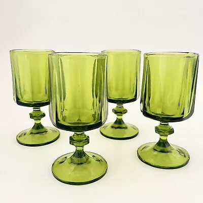 4 Vintage Indiana Colony Nouveau Olive Avocado Green 5oz Water Goblet Glass 5.5” • $24