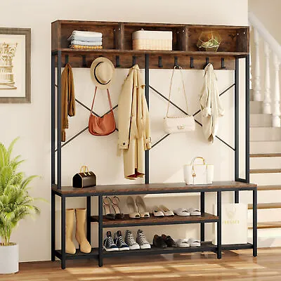 Entryway Bench With Coat Rack Hall Tree Shoe Storage Shelves With 10 Hooks • $116.31