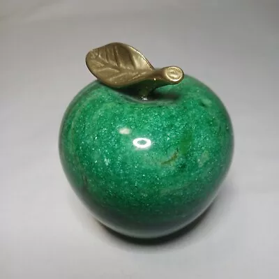 Vintage Polished Apple Paperweight Marble Stone Alabaster Brass Stem Green 3.5  • $10