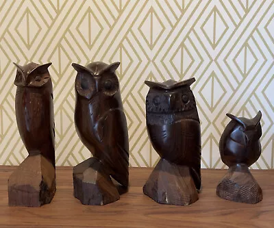 4Pcs Vintage Hand Carved Iron Wood Modernist Owls Mid-Century Made In Mexico • $150