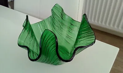 Vintage Retro Chance Glass Handkerchief Vase Green Rippled Bark Effect • £11.99