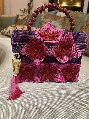 Mercedes Salazar Woven Straw Flowers Beads Handbag Parrot Charm Neiman Marcus • $325