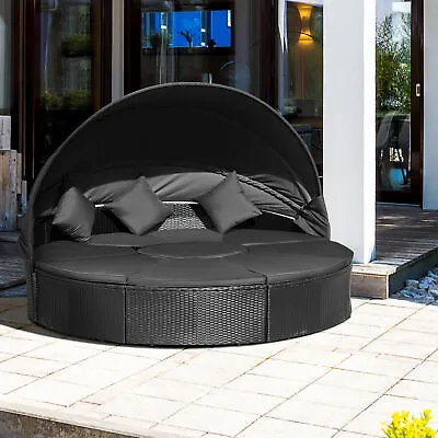 Outdoor Garden Daybed Set W/ Cushioned Round Sofa Bed Conversation Furnitur • £469.99
