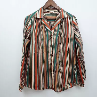 Vintage Shapely 60s 70s Striped Blouse Sz 14 Orange Green Button Up • £19.30