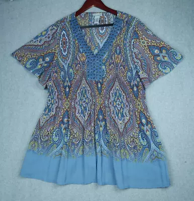 $24.99 • Buy Catherines Plus 1X Top Blouse Tunic Blue Yellow Beaded V Neck S/S Crinkle