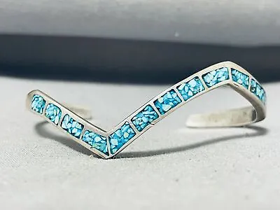 Authentic Vintage Navajo Turquoise Chip Inlay Sterling Silver Bracelet • £234.03