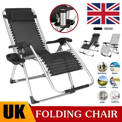 Reclining Zero Gravity Garden Deck Folding Chair Patio Sun Lounger W/ Cup Holder • £88.99