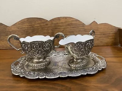 Vintage Metal Sugar And Creamer Milk Set 3 Pieces • $15.95