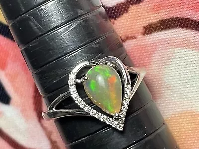 14k White Gold Ring W Diamonds & Ethiopian Opal - Size 7 - As Is See Description • $87.62