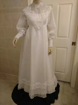 Vintage 1970s Wedding Dress W Long Sleeves Lace Chiffon Trim 29  W 36  B Modest • $75