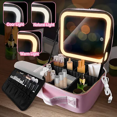 Makeup Bag With LED Mirror Vanity Case Beauty Box Make Up Travel Cosmetic Bag UK • £26.49