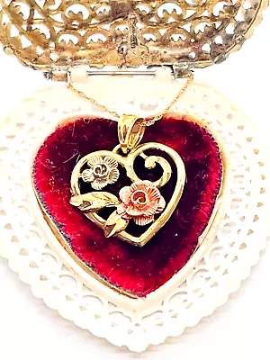 Vintage 9ct Two Tone Gold Rose Heart Pendant And  10ct Gold Chain • £79.50