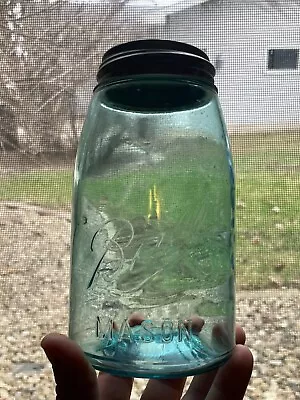 ATQ 1910-1923 BALL PERFECT Mason Jar Quart Aqua Blue Glass & Zinc Lid Marked 2-2 • $19.99