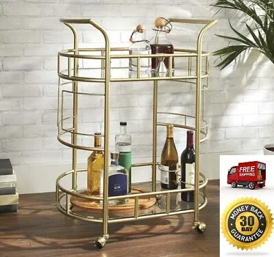 Bar Cart Gold And Glass Metal Rolling 2 Shelf Beer Wine Alcohol Serving Stand • $89.99