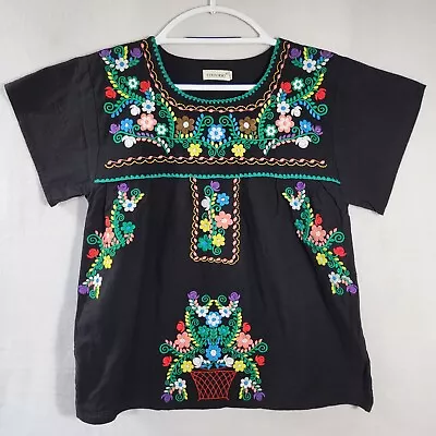 YZXDORWJ Peasant Top Women XL Black Embroidered Mexican Floral Short Sleeve • $18