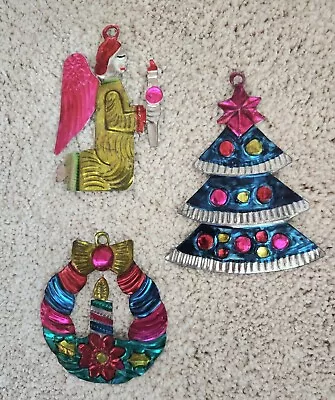 Vtg Mexican Folk Art Christmas Ornaments Tree Wreath Angel Lot Of 3 Punched Tin • $14