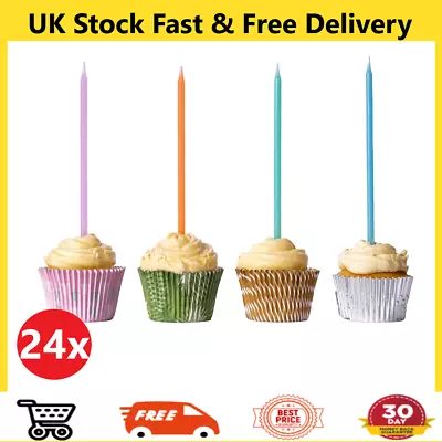 Cake Candles Pack Of 24 With Holders 12cm Birthday Party Pack Topper Decoration • £4.59