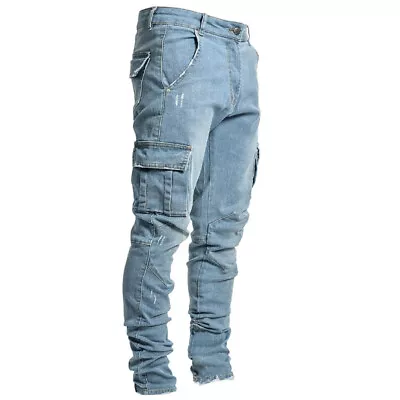 Men Skinny Jeans Stretch Slim Fit Pants Bike Jeans Cargo Pants Pockets Ripped • $24.99