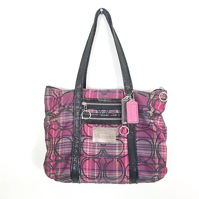 Coach Poppy Black Pink Plaid Tartan Glam Tote Shoulder Handbag Purse 14360 • $74.93