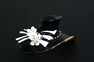 BSK My Fair Lady Ascot Hat Black & White Enamel Rhinestone Gold Tone Brooch Pin  • $35