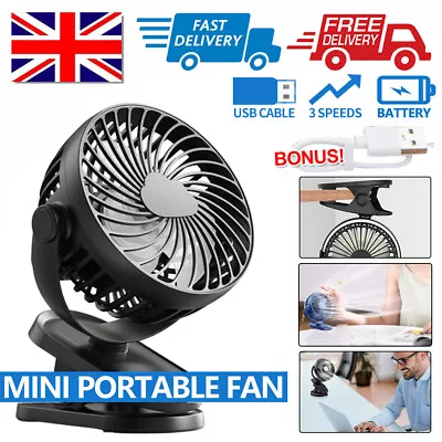 2X Clip On Fan 3 Speed USB Rechargeable Mini Cooling Desk Baby Stroller Portable • £7.95