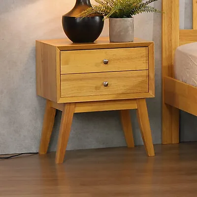 Bedside Table Natural Oak  Hardwood Nightstand Cabinet Two Drawers • £119.99