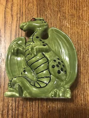 Ceramic Green Black Trim Red Eyes Dragon Figure 6.5” X5” • $10.39