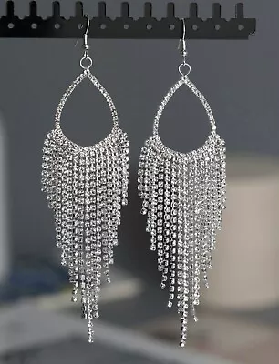 £7.99 • Buy Silver Diamond Crystal Statement Earrings Long Drop Dangle Stud Chandelier