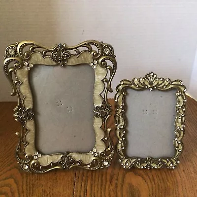 Vtg Look Brass & Rhinestones Enamel Old Hollywood Glam Ornate Picture Frames • $22