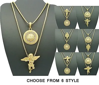 NEW MEDUSA FACE & ANGEL PENDANT 2mm/24  & 30  BOX CHAIN NECKLACE SET • $19.99