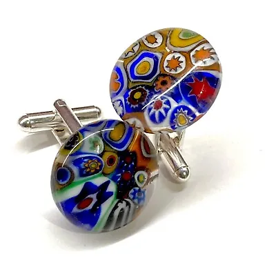 SOMA LINK 'Primary' New Unique Round Glass & Silver Murano Millefiori Cufflinks • £17.50