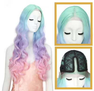 Mermaid Ombre Synthetic Wigs Pastel Long Wavy Curls Straight Heat Resistant Wig • $104.40