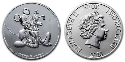 2020 Niue Disney Mickey And Pluto 1 Oz .999 BU Silver Coin Low Mintage • $54.99
