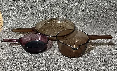 Corning Pyrex Vision Ware Amber Purple Glass Cookware 3pc Skillet Saucepans • $45