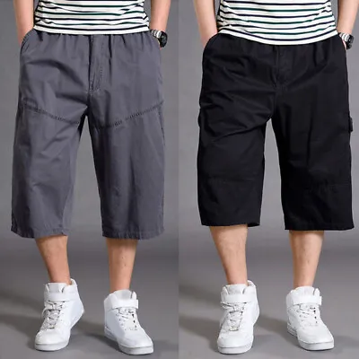 Men Solid Plus Size 3/4 Length Cargo Pants Shorts Baggy Casual Cotton Trousers ` • $22.21