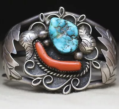 Vintage Native American Navajo Turquoise Coral Sterling Silver Cuff Bracelet • $297